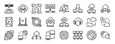 Uzay istasyonu, yazdırma, dizin, ağ, bulut hesaplama, aygıt, rapor için bulut vektör simgeleri, sunum, diyagram, web tasarımı gibi 24 ana hatlı ağ simgesi kümesi,