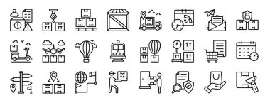 Sıralama, yükleme, paketleme, kutu, ekspres nakliye, işlem süresi, rapor için posta vektör simgeleri, sunum, diyagram, web tasarımı, mobil uygulama gibi 24 ana hatlı lojistik simgesi seti