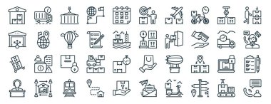 Rapor için ekspres dağıtım, depo yönetimi, el arabası, müşteri desteği, ekspres dağıtım, taşıyıcı, hedef simgeler, sunum, diyagram, web gibi 40 ana hatlı web lojistik simgesi seti