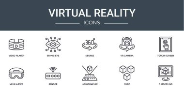 Video oynatıcı, biyonik göz, derece, vr kamera, dokunmatik ekran, vr gözlük, rapor, sunum, diyagram, web tasarımı, mobil tasarım gibi 10 ana hatlı sanal gerçeklik simgesi seti