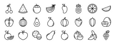 Rapor için kiraz, karpuz, mangosino, muz, mango, çam, limon vektör simgeleri, sunum, diyagram, web tasarımı, mobil uygulama gibi 24 ana hatlı web meyve ikonu seti