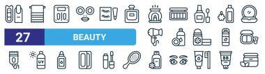 Tırnak, havlu, ölçek, makyaj paleti, makyaj çıkarıcı, güneş kremi, losyon, internet tasarımı için krem vektör çizgisi simgeleri, mobil uygulama gibi 27 ana hatlı güzellik simgesi.