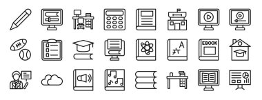 Rapor için kalem, ders, çalışma alanı, hesap makinesi, sözlük, kampüs, video öğretim vektör simgeleri, sunum, diyagram, web tasarımı, mobil uygulama gibi 24 ana hatlı ağ öğrenme simgesi seti