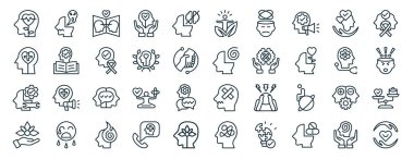 Şizofreni, zihinsel bakım, psikoterapi, terapi, psikiyatri, farkındalık günü, rapor, sunum, diyagram, web tasarımı gibi 40 ana hatlı zihinsel sağlık ikonu seti,