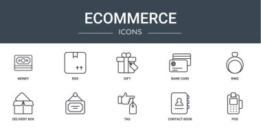 Para, kutu, hediye, banka kartı, yüzük, dağıtım kutusu, rapor için vektör simgeleri, sunum, diyagram, web tasarımı, mobil uygulama gibi 10 ana hatlı ekom simgesi seti