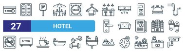 Kart anahtarı, menü, park yeri, klima, kanepe, televizyon, spa, CCTV vektör çizgisi simgeleri gibi 27 ana hatlı otel simgesi seti web tasarımı için mobil uygulama.