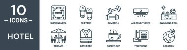 Otel ana hatları simgesi seti ince çizgi sigara içme alanı, terlik, dambıl, klima, yüzme havuzu, teras, bornoz simgeleri rapor için sunum, diyagram, web tasarımı içerir