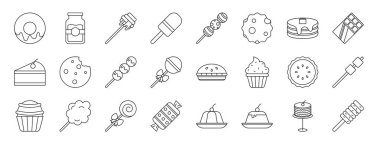 Rapor, sunum, diyagram, web tasarımı, mobil uygulama gibi 24 ana hatlı tatlı ikonu: donut, reçel, bal, çukulata topları, kurabiye, gözleme vektör simgesi