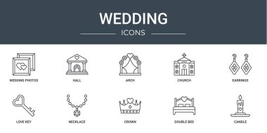 Düğün fotoğrafları, salon, kemer, kilise, küpe, aşk anahtarı, rapor için kolye vektör simgeleri, sunum, diyagram, web tasarımı, mobil uygulama gibi 10 ana hatlı düğün simgesi seti