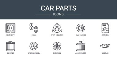 Rapor, sunum, diyagram, web tasarımı, mobil tasarım, mobil tasarım gibi 10 ana hatlı web otomobil parçaları simgesi seti