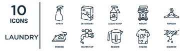 İnce çizgi sprey, sıvı sabun, askı, su musluğu, lekeler, rapor için sıkma, ütü simgeleri, sunum, diyagram, web tasarımı gibi çamaşır çizgisi simgesi seti