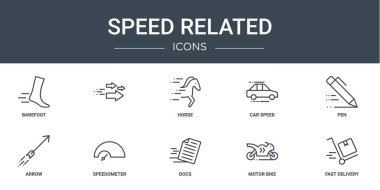 Rapor, sunum, diyagram, web tasarımı, mobil uygulama gibi 10 ana hatlı web hız simgesi seti: Yalınayak, at, araba hızı, kalem, ok, hız ölçer vektör simgeleri