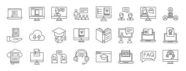 Rapor için video akışı, çevrimiçi eğitim, çevrimiçi öğrenme, öğretmen, dijital kitap, dönüştürme, sohbet vektör simgeleri, sunum, diyagram, web gibi 24 ana hatlı web öğrenme simgesi seti