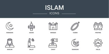 Rapor, sunum, diyagram, web tasarımı, mobil uygulama gibi 10 ana hatlı İslam simgesi seti: ramazan, adzan, cami, tasbih, dua, müslüman, salat vektör simgeleri