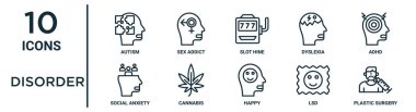 İnce çizgi otizm, slot hine, adhd, kenevir, LSD, plastik cerrahi, rapor için sosyal kaygı simgeleri, sunum, diyagram, web tasarımı gibi düzensizlik simgeleri