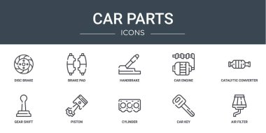Disk fren, fren pedi, el freni, araba motoru, katalitik dönüştürücü, vites değişimi, rapor için piston vektör simgeleri, sunum, diyagram, web tasarımı, mobil tasarım gibi 10 ana hatlı web otomobil parçaları simgesi seti