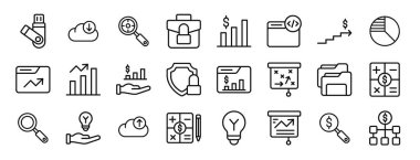 Flash disk, indirme, araştırma, bagaj, artış, html, rapor, sunum, diyagram, web tasarımı, mobil uygulama gibi 24 ana hatlı web başlangıç simgesi kümesi