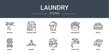 Rapor için sıkma, yıkama, leke, yıkama tahtası, fırça, ağırlık, askı vektör simgeleri, sunum, diyagram, web tasarımı, mobil uygulama gibi 10 ana hatlı çamaşır ikonu seti