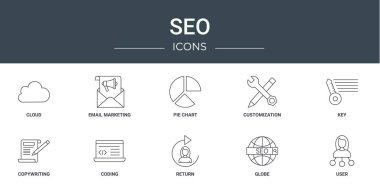 Rapor, sunum, diyagram, web tasarımı, mobil uygulama gibi 10 ana hatlı web seo simgesi seti, e- posta pazarlama, pasta grafiği, kişiselleştirme, anahtar, kopyalama, kodlama vektör simgeleri