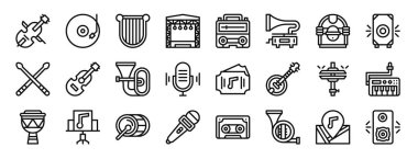 Rapor için çello, vinil çalar, arp, sahne, teyp, gramofon, müzik kutusu vektör simgeleri, sunum, diyagram, web tasarımı, mobil uygulama gibi 24 ana hatlı caz müzik ikonu seti