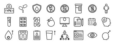 Tip, takviye, koruma, dondurma yok, içecek yok, idrar testi yok, rapor için chote vektör simgesi yok, sunum, diyagram, web tasarımı, mobil uygulama gibi 24 ana hatlı web diyabet ikonu seti