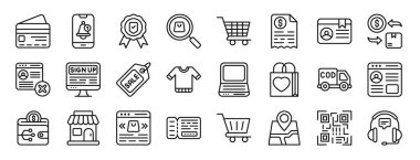 Kredi kartı, bildirim, garanti, arama, alışveriş arabası, fatura, rapor için üyelik vektör simgeleri, sunum, diyagram, web tasarımı, mobil uygulama gibi 24 ana hatlı web mağazası simgesi seti
