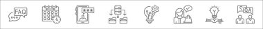 Müşteri hizmetleri simgelerinin ana hatları. faq, tarih, müşteri deneyimi, veri, ampul, müşteri, bilgi tabanı, faq gibi doğrusal vektör simgeleri