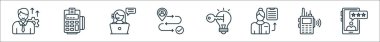 Müşteri hizmetleri simgelerinin ana hatları. kişiselleştirme, pos, müşteri desteği, müşteri yolculuğu, anahtar performans göstergesi, yardım, telsiz, müşteri desteği gibi doğrusal vektör simgeleri