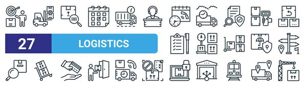 набор из 27 набросков иконки веб-логистики, таких как назначения, погрузчик, сканирование штрих-кода, экспресс-доставка, весовая шкала, ручной грузовик, защита упаковки, кран вектор тонкой линии иконки для веб-дизайна, мобильный