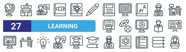 set of 27 outline web learning icons such as stand, campus, teacher, online learning, sports, table, female professor, principal vector thin line icons for web design, mobile app.