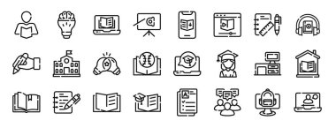 Öğretmen, fikir, çevrimiçi, sunum, kitap, video, okul vektör simgeleri, rapor, sunum, diyagram, web tasarımı, mobil uygulama gibi 24 ana hatlı web öğrenme simgesi kümesi