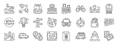 Rapor, sunum, diyagram, web tasarımı, mobil uygulama gibi 24 ana hatlı web turizmi ve seyahat simgesi seti