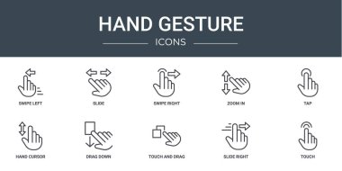 Sola kaydırma, sağa kaydırma, yakınlaştırma, hafifletme, el imleci, rapor için vektör simgeleri, sunum, diyagram, web tasarımı, mobil uygulama gibi 10 ana hatlı el hareketi simgesi seti