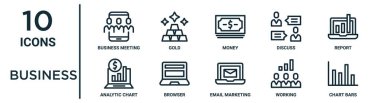 İş ana hatları simgesi seti: İnce çizgi iş toplantısı, para, rapor, tarayıcı, çalışma, grafik çubukları, rapor için analitik grafik simgeleri, sunum, diyagram, web tasarımı