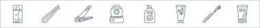 Kişisel bakım ürünleri çizgisi simgeleri. Saç spreyi, saç tokası, tırnak makası, toz, şampuan, el kremi, diş fırçası, saç kremi gibi doğrusal vektör simgeleri