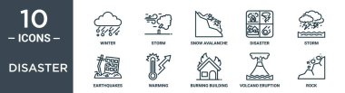 Afet ana hatları seti ince çizgi, fırtına, kar çığı, felaket, fırtına, deprem, rapor için ısınma ikonları, sunum, diyagram, web tasarımı içerir