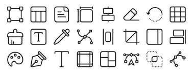 Dönüşüm, tablo, belge, biçim boyutu, hizalama merkezi, silme aracı, rapor için ok vektör simgeleri, sunum, diyagram, web tasarımı, mobil uygulama gibi 24 ana hatlı web tasarım simgesi kümesi