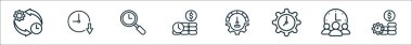 Zaman yönetim çizgisi simgelerinin ana hatları. Zaman yönetimi, zaman azaltımı, yönetim gibi doğrusal vektör simgeleri para, performans, para