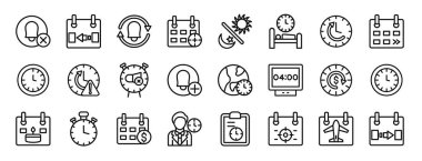 Alarmı kaldırmak gibi 24 ana hatlı web tarihi ve saat simgesi seti, dün, tekrarla, olay ekle, gece gündüz, yatak zamanı, rapor için döngü vektör simgeleri, sunum, diyagram, web tasarımı, mobil uygulama