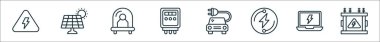 Elektrik hattı simgelerinin ana hatları. Yüksek voltaj, güneş paneli, diyot, elektrik metre, araba, elektrik, dizüstü bilgisayar, elektrik gibi doğrusal vektör simgeleri