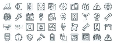 Voltaj, devre, klima, elektrik sayacı, masa vantilatörü, güç düğmesi, rapor için elektrik ikonları, sunum, diyagram, web tasarımı, mobil tasarım gibi 40 ana hatlı elektrik ikonu