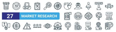 Veri, tamamlama, bağımlı, de, demografik, göz takibi, nitel araştırma, web tasarımı için araştırma vektörü ince çizgi simgeleri, mobil uygulama gibi 27 ana hatlı web pazar araştırma ikonu.