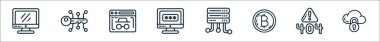 İnternet siber hat simgelerinin ana hatları. Bilgisayar, anahtar, kimliksiz, parola, sunucu, bitcoin, hata, bulut depolama gibi doğrusal vektör simgeleri
