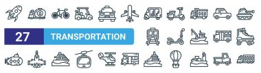 Roket, petrol kamyonu, bisiklet, motosiklet, scooter, jet uçağı, feribot, kargo kamyonu vektör çizgisi ikonu gibi 27 taslak ağ taşıma simgesi, mobil uygulama.