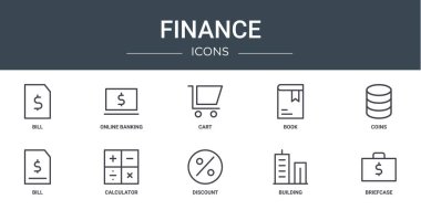 Tasarı, çevrimiçi bankacılık, el arabası, kitap, madeni paralar, fatura, hesap makinesi vektör simgeleri, sunum, diyagram, web tasarımı, mobil uygulama gibi 10 ana hatlı web finans simgesi kümesi