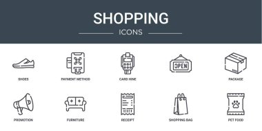 Ayakkabı, ödeme yöntemi, kart parlatma, paket, promosyon, rapor için mobilya vektör simgeleri, sunum, diyagram, web tasarımı, mobil uygulama gibi 10 ana hatlı web alışveriş simgesi seti