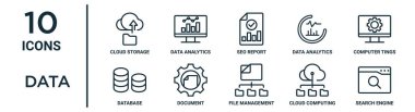 İnce çizgi bulut depolama, silo raporu, bilgisayar bilgileri, belge, bulut hesaplama, arama motoru, rapor için veritabanı simgeleri, sunum, diyagram, web tasarımı gibi veri tabanı simgesi seti