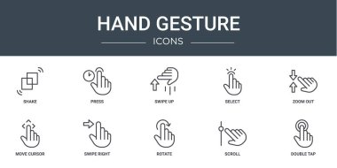 Salla, bas, kaydır, yakınlaştır, yakınlaştır, imleci taşı, rapor için sağ vektör simgelerini kaydır, sunum, diyagram, web tasarımı, mobil uygulama gibi 10 ana hatlı el hareketi simgesi seti
