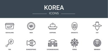 Gochujang, won, hoppang, dramatik, hat, fan, bungeoppang vektör simgeleri gibi 10 ana hatlı web kore simgesi seti rapor, sunum, diyagram, web tasarımı, mobil uygulama