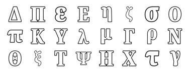 Rapor, sunum, diyagram, web tasarımı, mobil uygulama gibi 24 ana hatlı web alfabesi simgesi seti (delta, pi, epsilon, eta, zeta, sigma vektör simgeleri)
